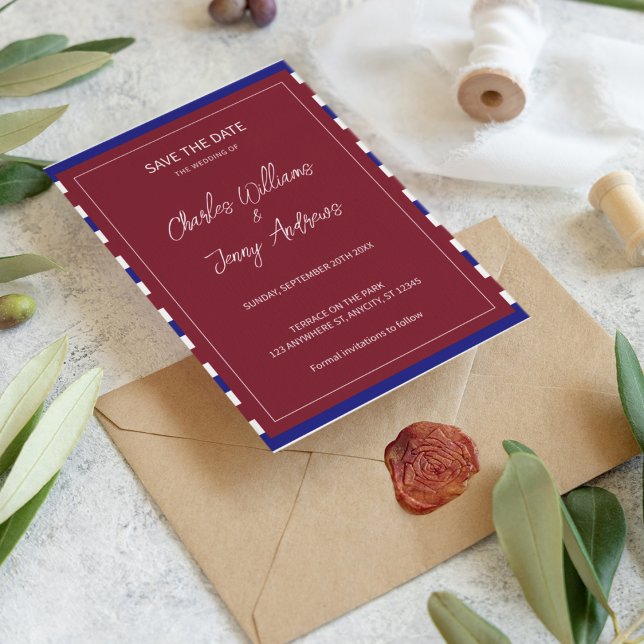 Tema för royal Red och Blue Bröllop Spara Datumet (Save my royal wedding date. Send this bright color save the date card to your family and friends.)