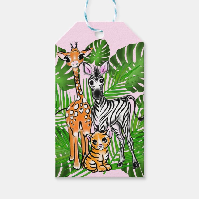 Tema för tiger-djungeln i Cute zebra giraffe-tiger Presentetikett (Framsidan)