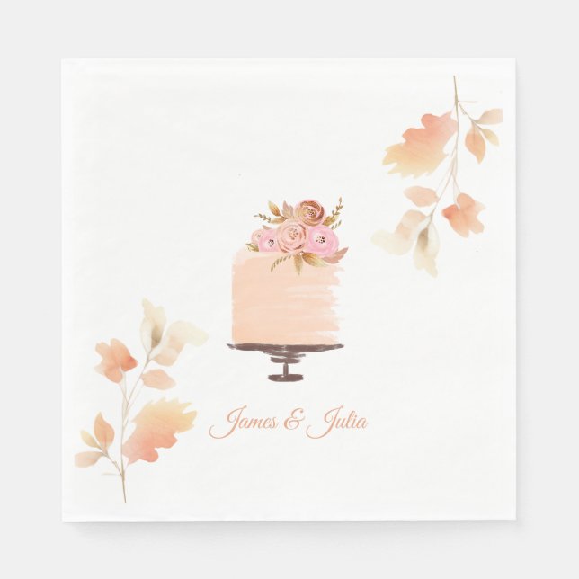 Tema för vattenfärgspersika Blommigt Bröllop Pappersservett (Framsidan)
