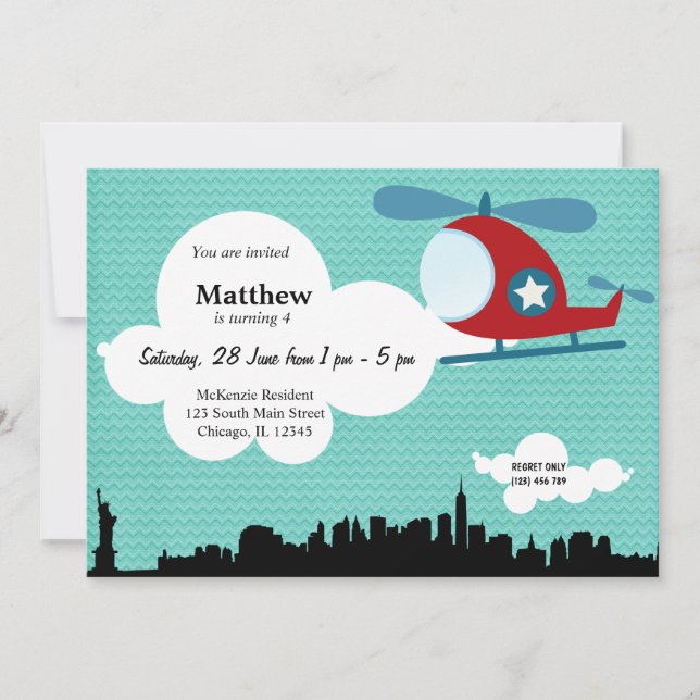 Tema Helikopter, födelsedag (blått) Inbjudningar (Framsida)
