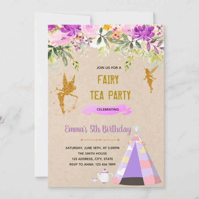 Tema lila Fairy tea sleepover party Tack Kort (Framsida)