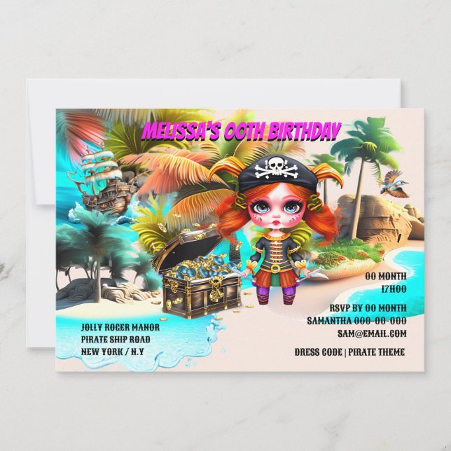 Temafödelseår för pirat | Kaptenskatt för flickor Inbjudningar (Framsida)