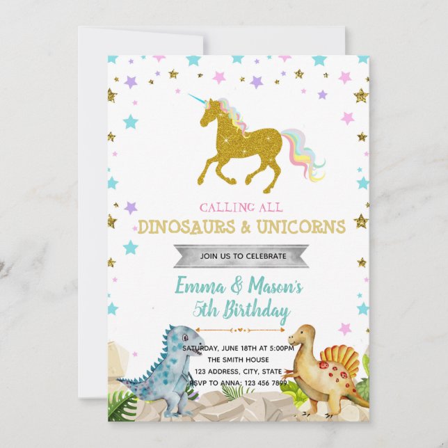 Temainbjudan från party i Star dinosaur Unicorn Inbjudningar (Framsida)