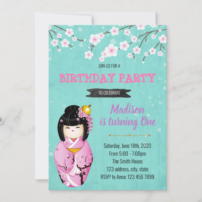 Temainbjudan Kokeshi Doll party Inbjudningar (Framsida)