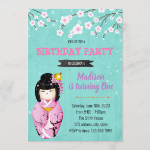 Temainbjudan Kokeshi Doll party Inbjudningar