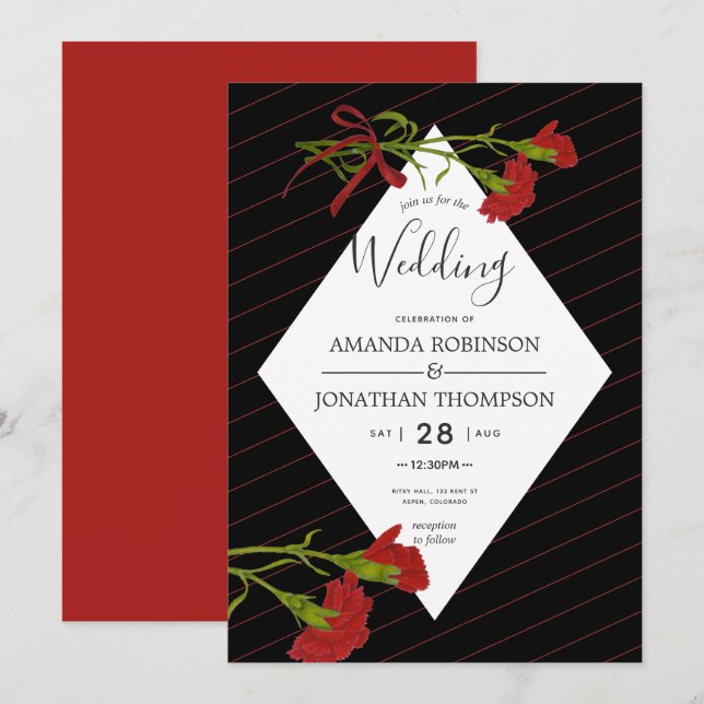 Temainbjudan till Black and Red Bröllop Carnations Inbjudningar (Fram/baksida)