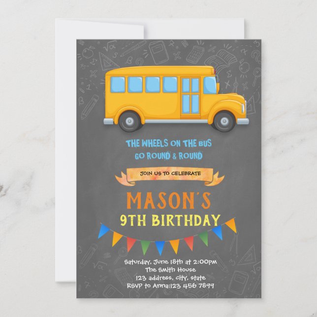 Temaområde födelsedagsfest i buss inbjudningar (Framsida)