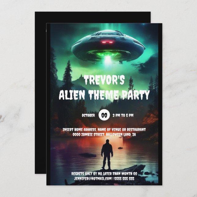 Temaparty för att invadera Alien UFO Inbjudningar (Fram/baksida)