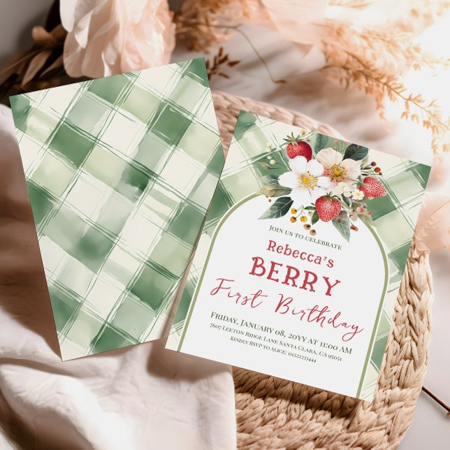 Temapartyet Berry First Birthday Strawberry Inbjudningar (Skapare uppladdad)