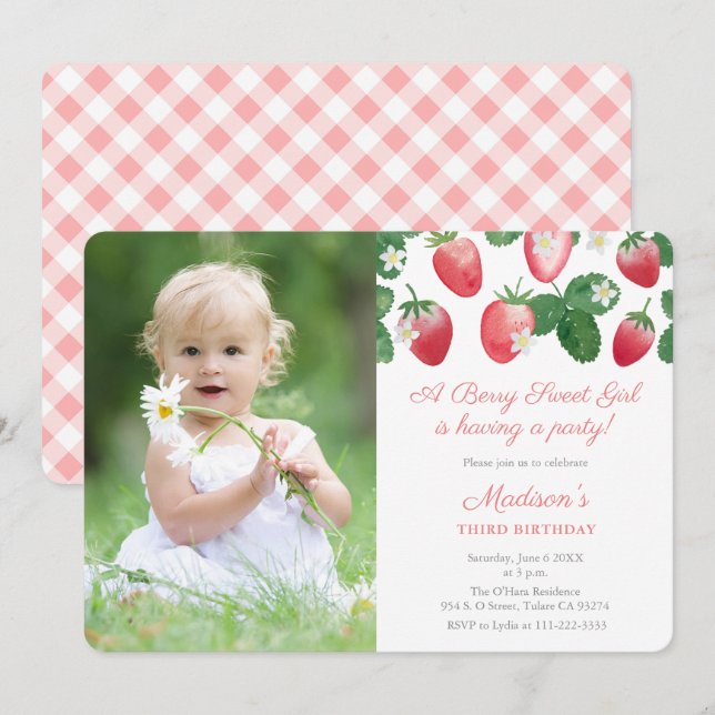 Temapartyet Berry Sweet Girl Strawberry Bild Inbjudningar (Fram/baksida)