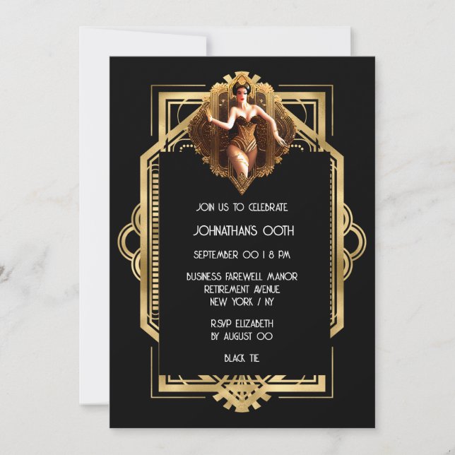 Temapartyet Gatsby Flapper girl Black guld 1920 Inbjudningar (Framsida)