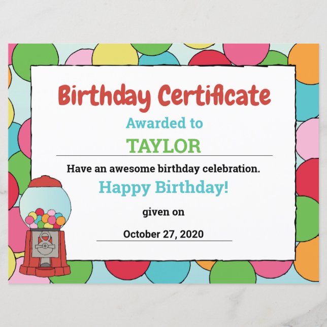 Temapartyet Gumball Gumball Certificate från födel (Framsida)