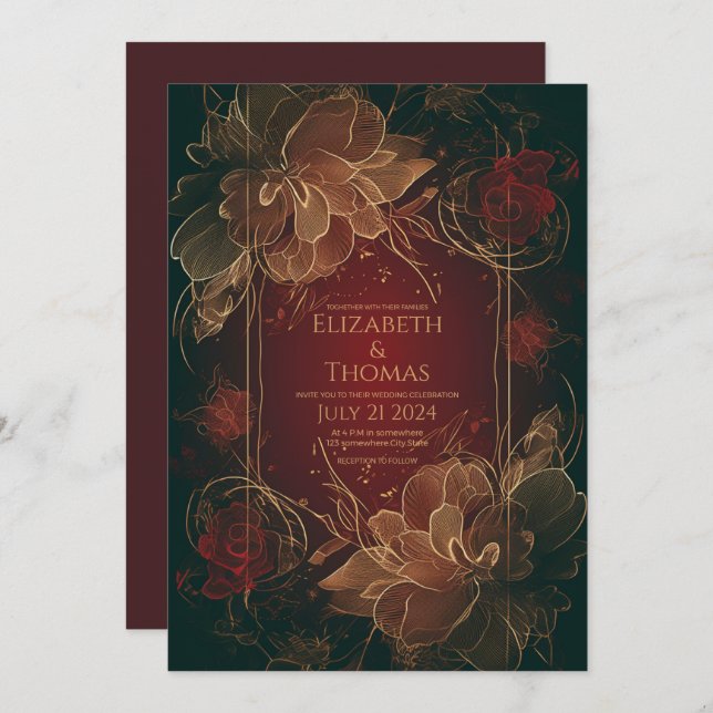 Temat Boho Chic Blommigt Burgundy och Guld. Inbjudningar (Fram/baksida)