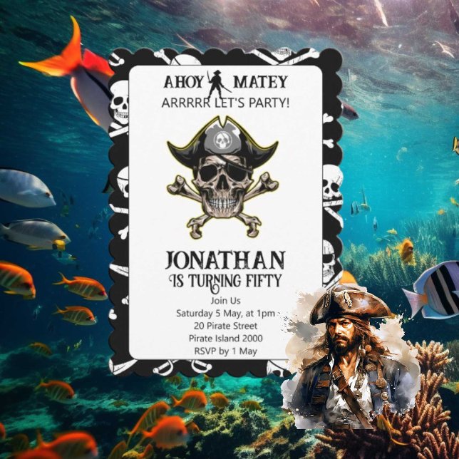 Temat Pirat Party Skull och Bones Inbjudningar (Pirate Themed Birthday Party Invitation)