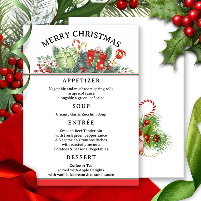 Tematisk mall för klassisk julmeny (Christmas menu card featuring a festive classic design in red and green with pine twigs and berries)