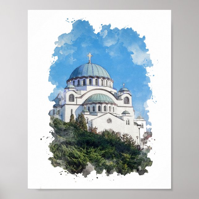 Tempel Saint Sava Serbiens vattenfärgsverk Poster (Framsidan)