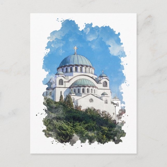 Tempel Saint Sava Serbiens vattenfärgsverk Vykort (Framsida)