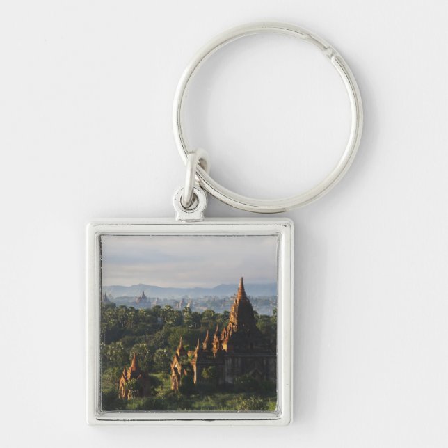 Tempel vid soluppgång, Bagan, Myanmar Fyrkantig Silverfärgad Nyckelring (Framsidan)