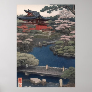 Temple on the river - Japan Poster