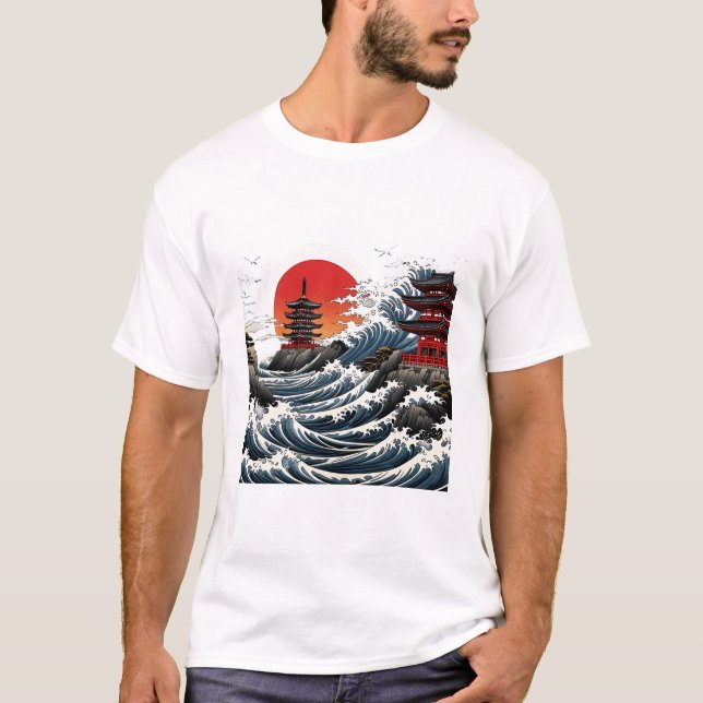 Temple Wave Art - Ukiyo-e Japanese Sunset Design T Shirt (Framsida)