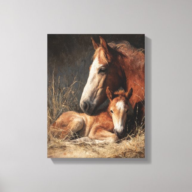 Tender Chestnut Mare and Foal Painting Canvastryck (Framsida)