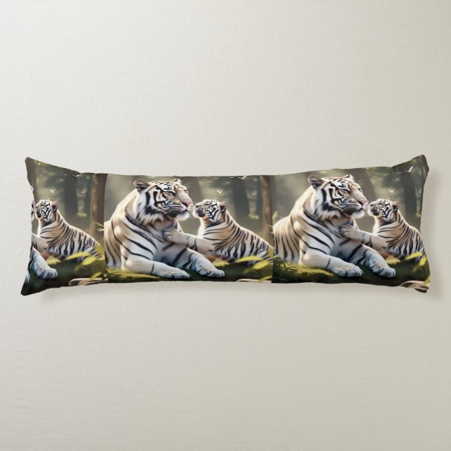 Tender White Tiger Bond – Elegant Body Pillow Kroppskudde (Framsidan)