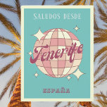 Tenerife canarias España vintage party Postcard Vykort<br><div class="desc">Teneriffa Isla de España,  Kanarieöarna Spanien,  Retro Vintage Design med ett disco boll i rosa och aprikopersikor. Detta vackra vykort är ett hälsningskort för Teneriffas invånare,  besökare,  turister eller fläkt.</div>