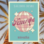 Tenerife canarias España vintage party Postcard Vykort<br><div class="desc">Teneriffa Isla de España,  Kanarieöarna Spanien,  Retro Vintage Design med ett disco boll i rosa och aprikopersikor. Detta vackra vykort är ett hälsningskort för Teneriffas invånare,  besökare,  turister eller fläkt.</div>