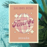 Tenerife canary España vintage party Postcard Vykort<br><div class="desc">Teneriffa Isla de España,  Kanarieöarna Spanien,  Retro Vintage Design med ett disco boll i rosa och aprikopersikor. Detta vackra vykort är ett hälsningskort för Teneriffas invånare,  besökare,  turister eller fläkt.</div>