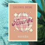 Tenerife canary España vintage party Postcard Vykort<br><div class="desc">Teneriffa Isla de España,  Kanarieöarna Spanien,  Retro Vintage Design med ett disco boll i rosa och aprikopersikor. Detta vackra vykort är ett hälsningskort för Teneriffas invånare,  besökare,  turister eller fläkt.</div>