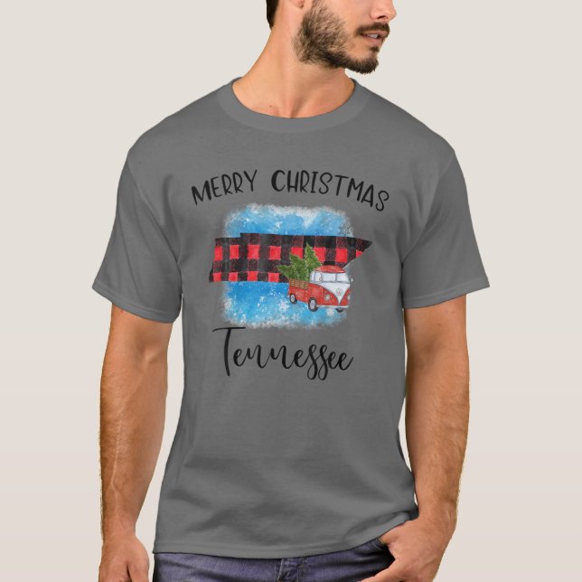 Tennessee Merry Christmas Truck Buffalo Plaid Xmas T Shirt (Framsida)