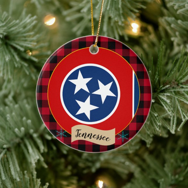 Tennessee, Red buffalo plaid & Tennessee Flagga Julgransprydnad Keramik (Träd)