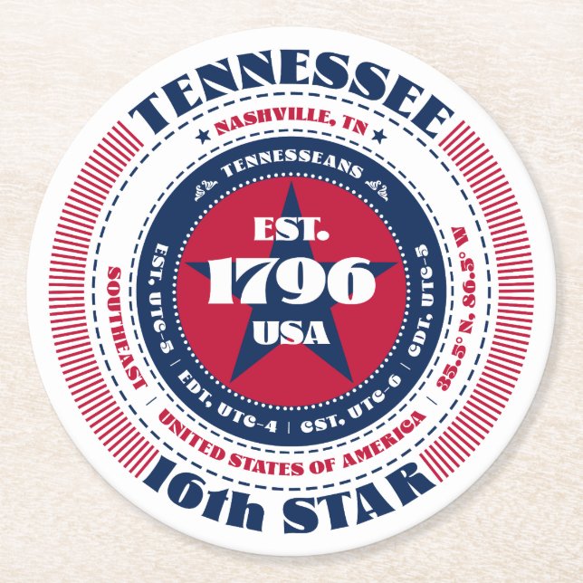 Tennessee Rött vitt blått Typography Underlägg Papper Rund (Framsidan)