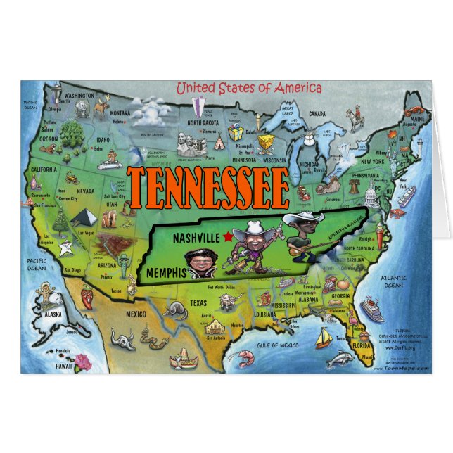Tennessee USA Karta Hälsningskort (Framsidan Horizontal)