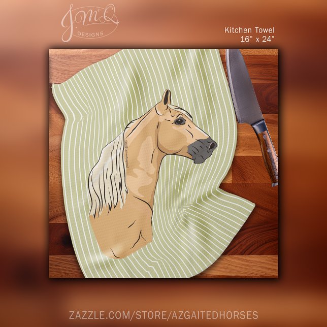 Tennessee Walking Horse Gaited Palomino Stripe Kökshandduk (Palomino Tennessee Walking Horse illustration with blonde mane on a sage green striped background.)