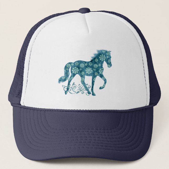 Tennessee Walking Horse Teal Grunge Blommigt Truckerkeps (Framsida)