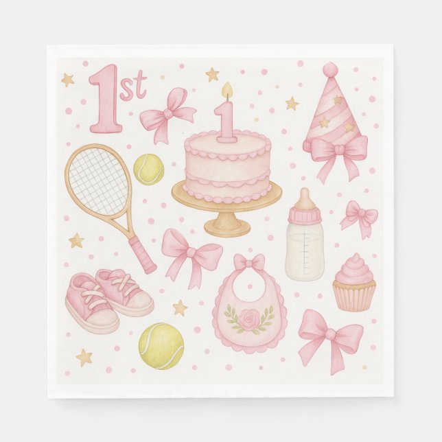 Tennis 1:a födelsedag för flicka rosa-tonracket pappersservett (Framsidan)