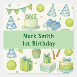 Tennis 1:a födelsedagen för Boy Blue och grönt Tem Fyrkantigt Klistermärke