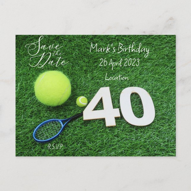 Tennis 40-års födelsedagsinbjudan att spara datume vykort (Framsida)