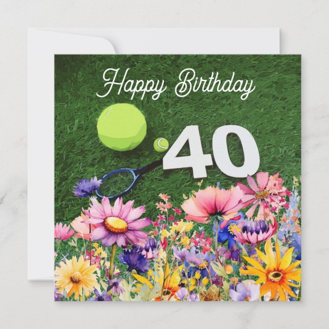 Tennis 40:e födelsedagen med blommor vattenfärg kort (Framsida)