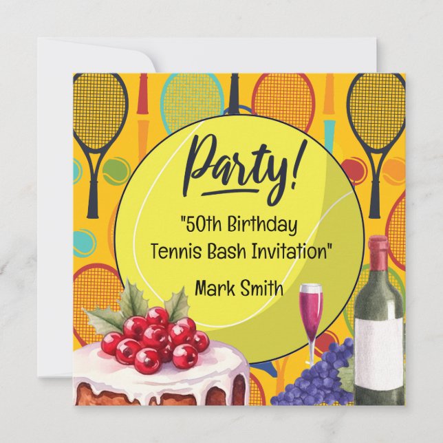 Tennis 50:e födelsedag med Namn på Racket Thmet Inbjudningar (Framsida)