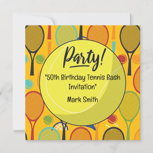 Tennis 50:e födelsedag med Namn på Racket Thmet Inbjudningar (Framsida)