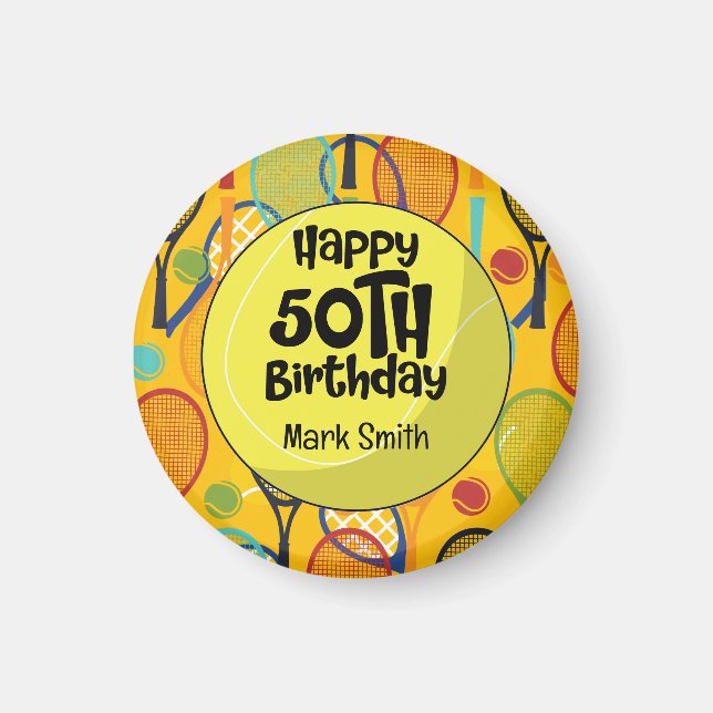 Tennis 50:e födelsedag med Namn på Racket Thmet Magnet (Framsidan)