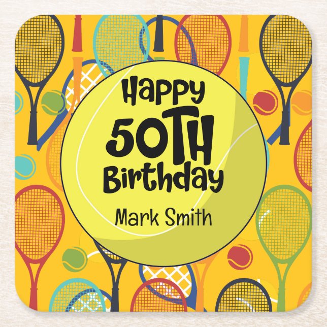 Tennis 50:e födelsedag med Namn på Racket Thmet Underlägg Papper Kvadrat (Framsidan)