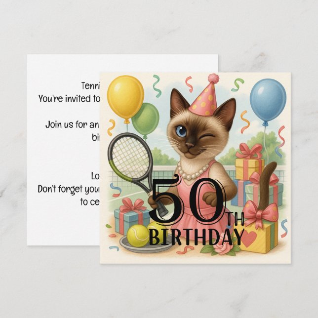 Tennis 50:e födelsedagen för Cat Lovers Inbjudningar (Fram/baksida)