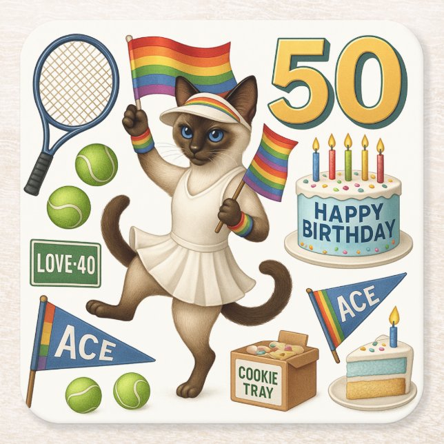 Tennis 50:e födelsedagen för Cat Lovers Underlägg Papper Kvadrat (Framsidan)