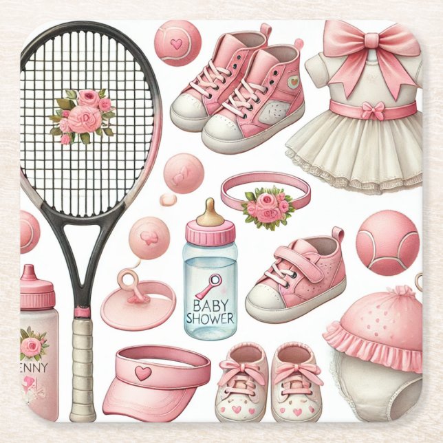 Tennis Baby Shower themed for Girl Rosa themed Underlägg Papper Kvadrat (Framsidan)