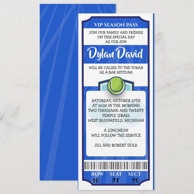 TENNIS BILJETT Bar/Bat Mitzvah-inbjudan Inbjudningar (Fram/baksida)