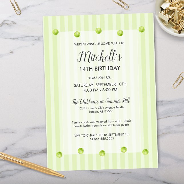Tennis Birthday i Modern Grönt Land Klubb Inbjudningar (modern green country club inspired tennis birthday invitations for boys girls or end of season teams)