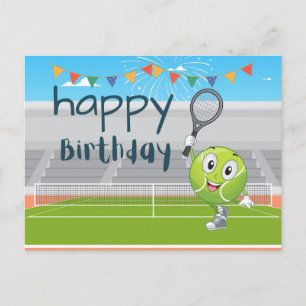 Tennis Birthday-kort med racket och boll på grönt Vykort